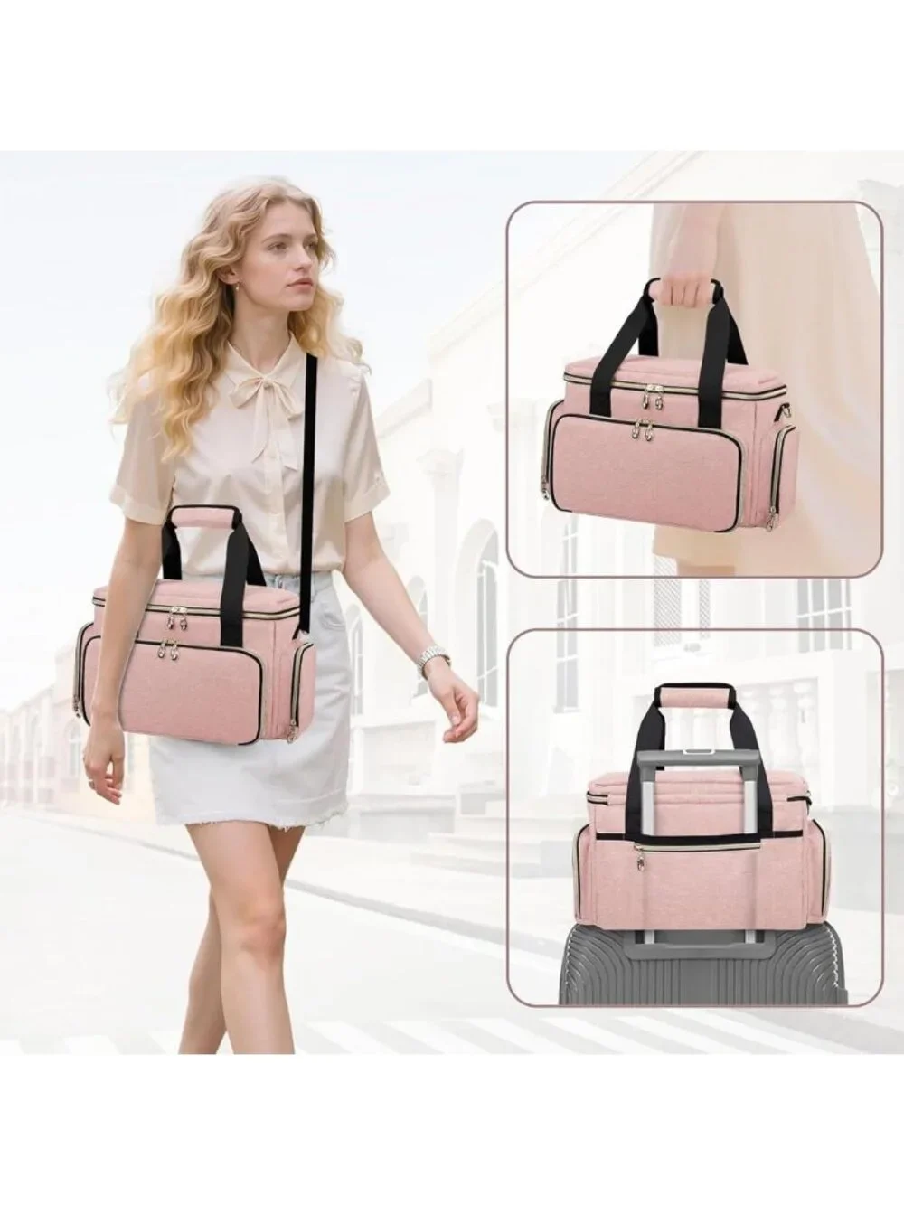 Large Portable Makeup Organizer Bag with Removable Pouches & Dividers - Pink